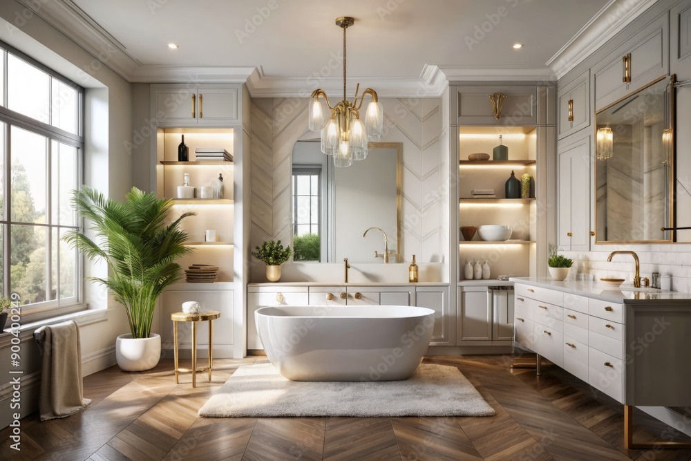 Luxurious modern bathroom moodboard featuring sleek white cabinets, freestanding tub, minimalist decor, and trendy accessories, radiating sophistication and contemporary elegance in neutral tones. Luxurious modern bathroom moodboard featuring sleek white cabinets, freestanding tub, minimalist decor, and trendy accessories, radiating sophistication and contemporary elegance in neutral tones.