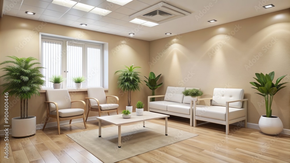 A clean and modern gynecologist clinic waiting room with beige walls, white furniture, and a few potted plants scattered around. A clean and modern gynecologist clinic waiting room with beige walls, white furniture, and a few potted plants scattered around.