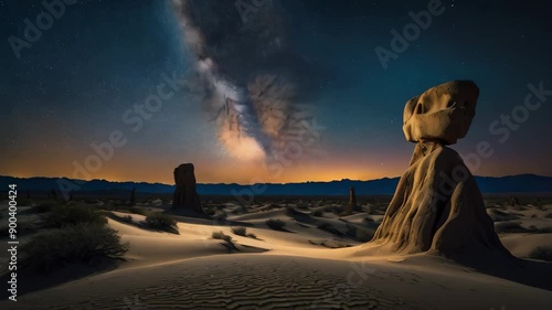 Wallpaper Mural A starry night sky with the Milky Way visible, illuminating unique rock formations and sand dunes in a desert landscape.
 Torontodigital.ca