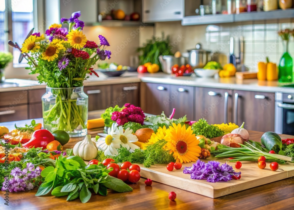 Vibrant colors of freshly chopped vegetables, herbs, and edible flowers arranged artfully on a sleek kitchen counter, against a modern kitchen background. Vibrant colors of freshly chopped vegetables, herbs, and edible flowers arranged artfully on a sleek kitchen counter, against a modern kitchen background.