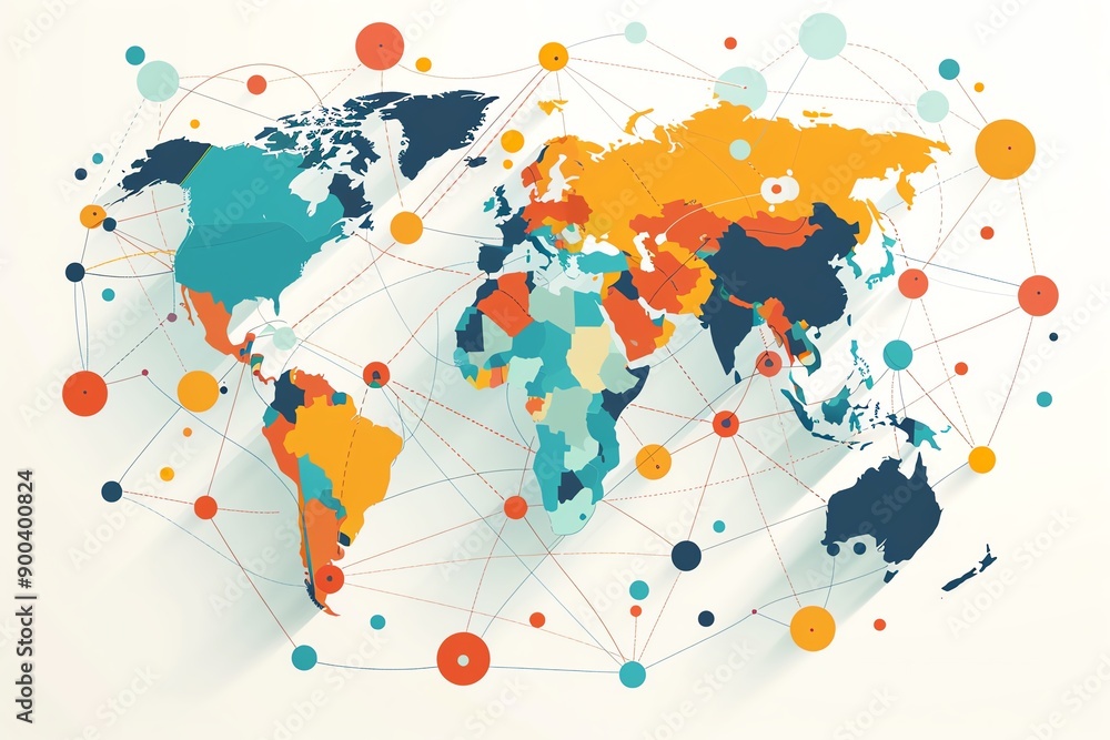 Fototapeta premium Economic globalization, interconnected world markets, flat design illustration