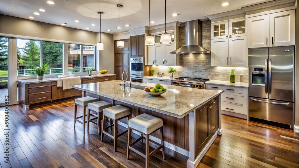 Modern kitchen boasts sleek high-end appliances, spacious layout, and a stunning large island with a rich granite countertop, perfect for culinary creations. Modern kitchen boasts sleek high-end appliances, spacious layout, and a stunning large island with a rich granite countertop, perfect for culinary creations.