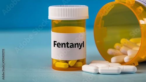 Prescription Bottle Labeled Fentanyl with Pills Spilled on a Blue Surface Representing Opioid Medication and Pain Management photo