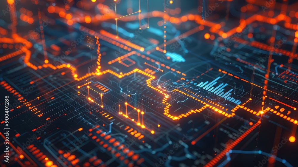 3D rendering of financial icons and data streams, highlighting a digital financial network. 3D rendering of financial icons and data streams, highlighting a digital financial network.