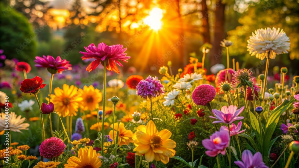 Vibrant blooming flowers in warm golden light of spring evening sunset inspire colorful garden design with varied stunning flora against serene natural background. Vibrant blooming flowers in warm golden light of spring evening sunset inspire colorful garden design with varied stunning flora against serene natural background.