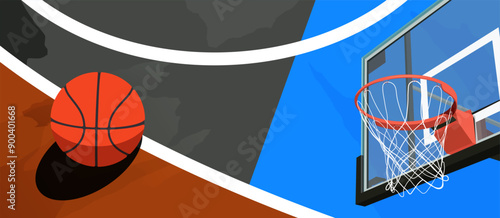 illustration of a basketball hoop and a basketball in the middle of the court. Celebrate National Sports Day. sports background. Template design for national basketball game event