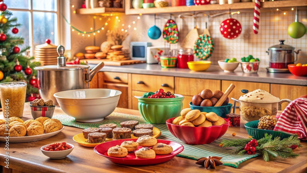 Naklejka premium Warmly lit kitchen scene with mixing bowls, utensils, and baking sheets filled with freshly baked cookies, surrounded by colorful decorations and sweet treats.
