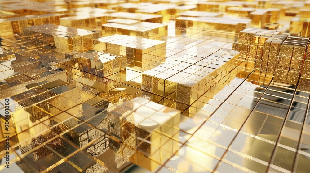 3D rendering of golden mosaic with reflective surfaces, highlighting refinement. 3D rendering of golden mosaic with reflective surfaces, highlighting refinement.
