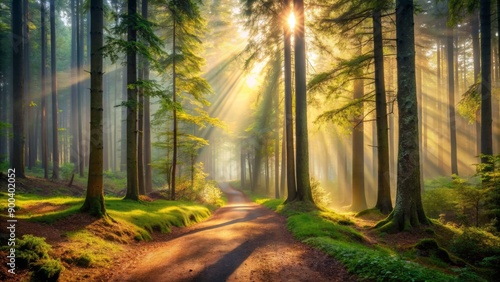 A serene and mystical forest scene featuring a winding dirt path surrounded by towering trees, enveloped in a misty veil with warm sunlight filtering through. photo