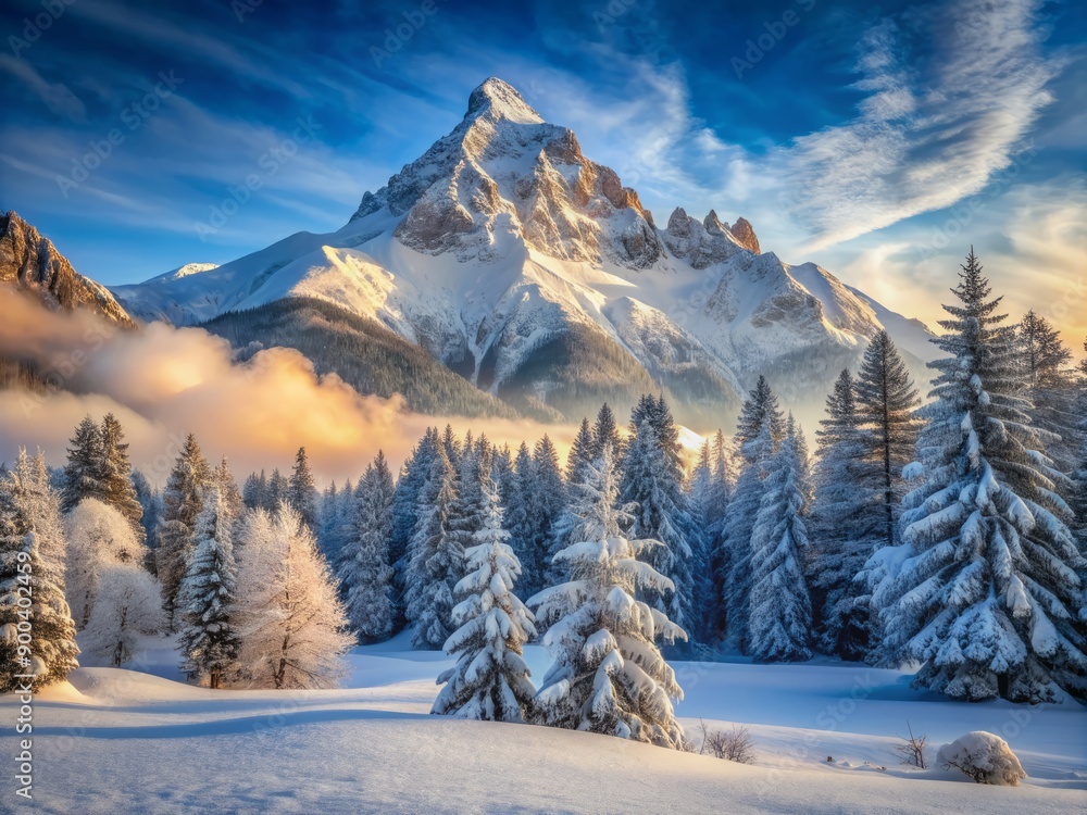 Majestic snow-capped mountain peak rises above serene winter landscape, frosty trees and snowy ridges unfold in a tranquil frozen sanctuary of untouched beauty. Majestic snow-capped mountain peak rises above serene winter landscape, frosty trees and snowy ridges unfold in a tranquil frozen sanctuary of untouched beauty.