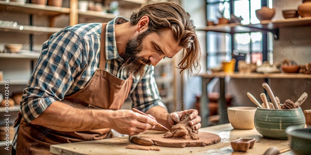 An artist sculpting clay, focus on, handson work theme, realistic, blend mode, workshop backdrop An artist sculpting clay, focus on, handson work theme, realistic, blend mode, workshop backdrop