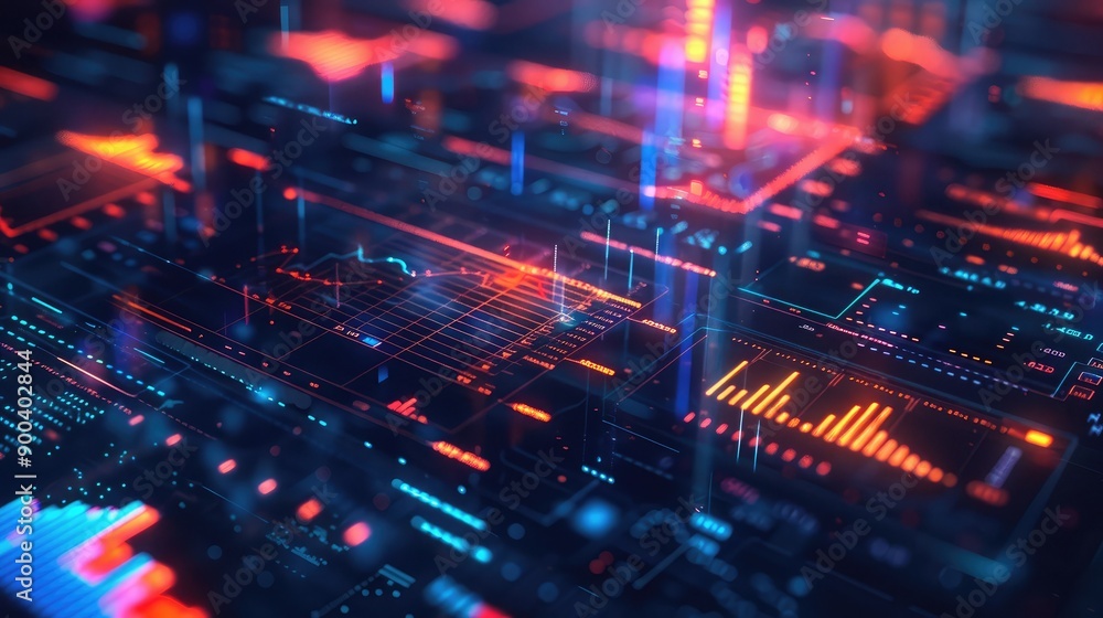 Abstract 3D financial dashboard with holographic data, symbolizing business intelligence. Abstract 3D financial dashboard with holographic data, symbolizing business intelligence.