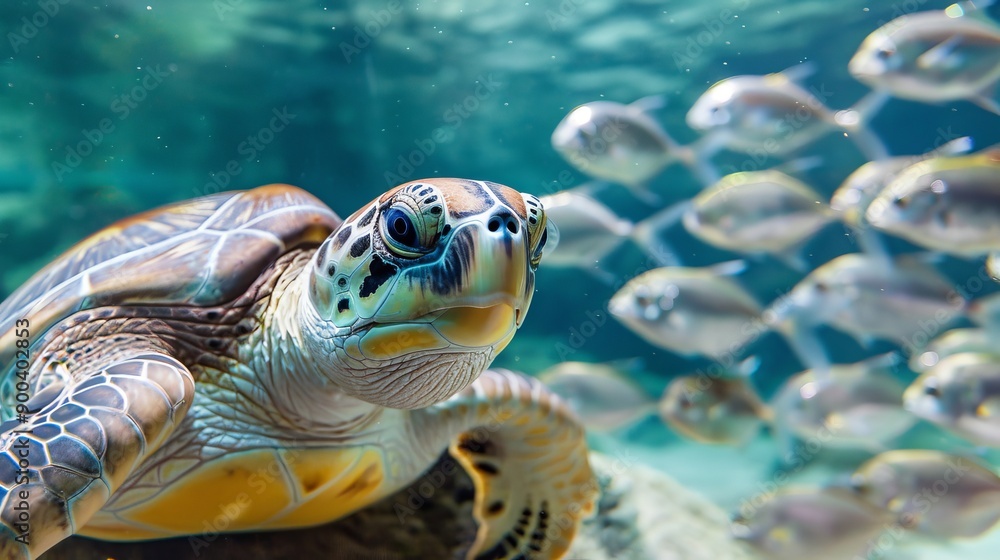 Obraz premium Turtle looking to the camera, followed by some silver fish