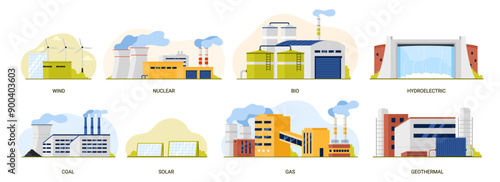 Power plants types set for energy generation. Eco sustainable wind and photovoltaic complex with solar panels, hydroelectric and geothermal station, nuclear, biomass plants cartoon vector illustration