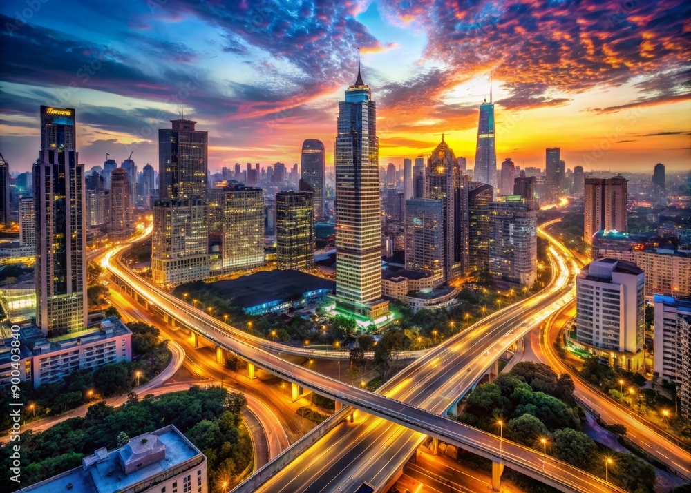 Panoramic cityscape at dusk featuring towering skyscrapers, bustling streets, and crisscrossing highways lit by thousands of twinkling streetlights and vibrant neon signs. Panoramic cityscape at dusk featuring towering skyscrapers, bustling streets, and crisscrossing highways lit by thousands of twinkling streetlights and vibrant neon signs.