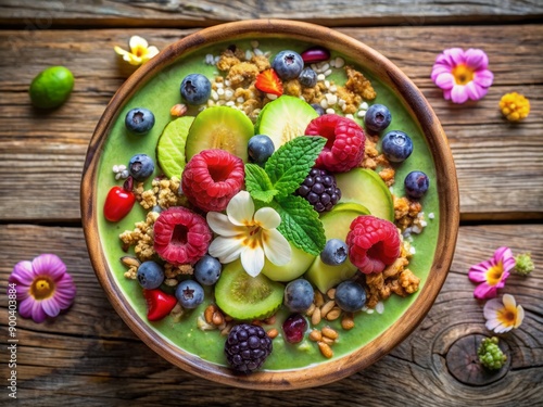 Vibrant green smoothie bowl filled with creamy avocado, topped with fresh berries, granola, and edible flowers, arranged artfully on a rustic wooden table. photo