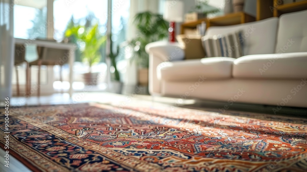 close-up of beautiful persian carpet in living room with white sofa and bright sunlight, featuring high detail and natural light in a 3d rendered high resolution photography close-up of beautiful persian carpet in living room with white sofa and bright sunlight, featuring high detail and natural light in a 3d rendered high resolution photography