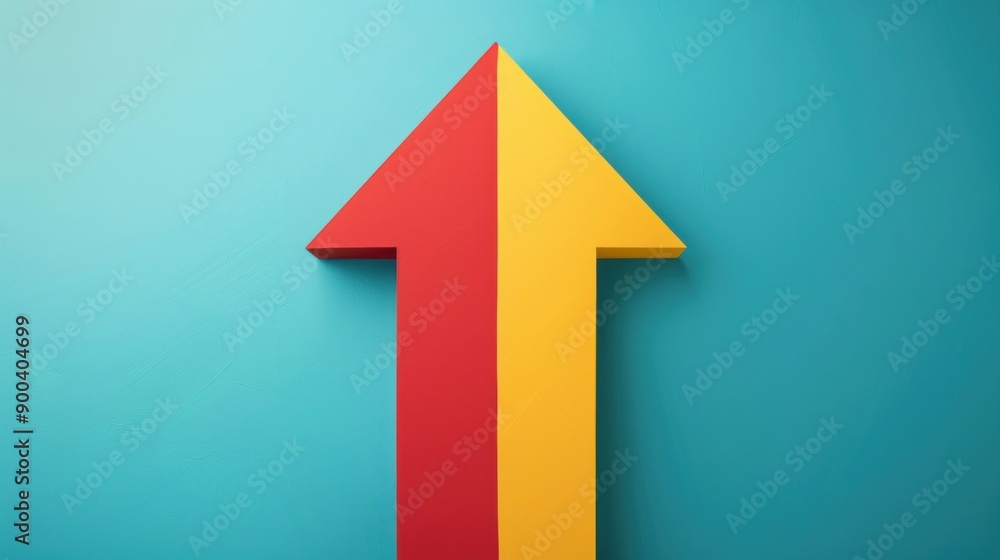 A upward arrow on a blue background, with one half of the arrow in red and the other half in yellow, creating a vivid and contrasting visual effect