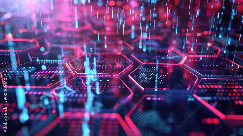 Obraz premium Abstract 3D hexagon grid with financial symbols, representing structured business environments.