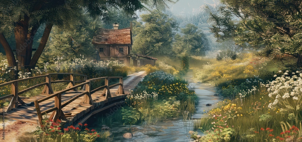 Fototapeta premium Tropical climate rural view with traditional wooden bridge.