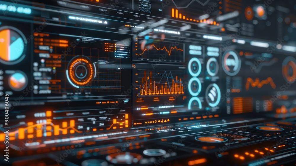 Futuristic 3D business dashboard with real-time analytics, representing business intelligence. Futuristic 3D business dashboard with real-time analytics, representing business intelligence.