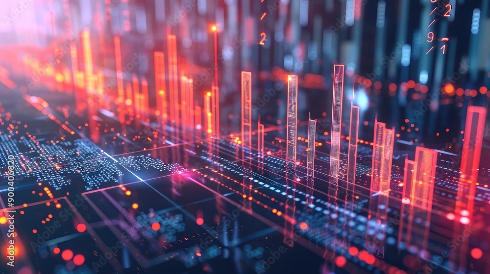 Futuristic 3D grid with rising bar charts and graphs, representing financial growth. Futuristic 3D grid with rising bar charts and graphs, representing financial growth.