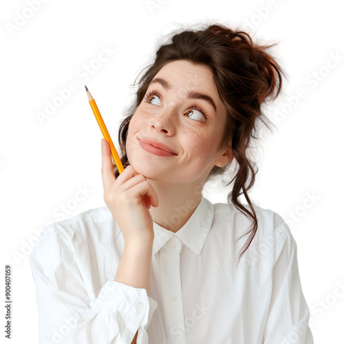 A beautiful woman in white shirt holding a pencil with happy face on transparent background