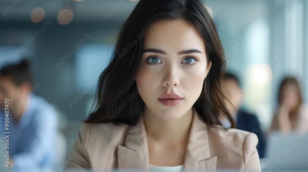 Stylish European businesswoman exudes confidence while sitting at office table, gazing at the camera. Stylish European businesswoman exudes confidence while sitting at office table, gazing at the camera.