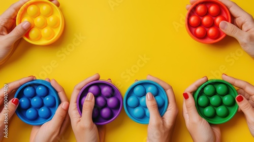 Relax and destress with colorful pop it fidget toys on a yellow background, offering sensory relief and tactile fun. photo