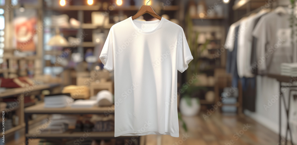A T shirt tee hanging from a hanger in a trendy store or fashion clothes shop mock up A T shirt tee hanging from a hanger in a trendy store or fashion clothes shop mock up