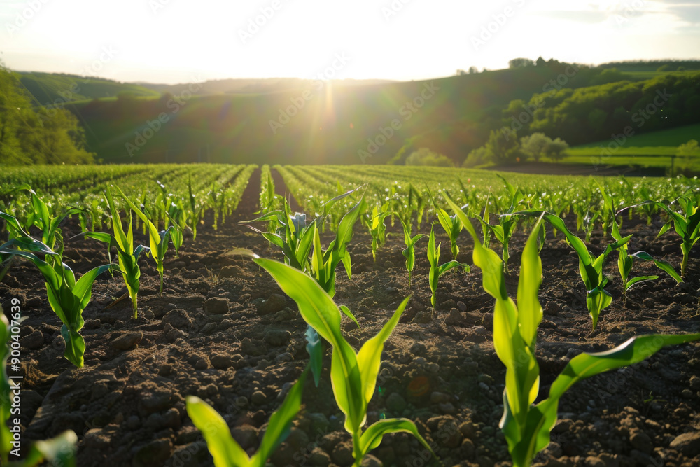 Young corn plants growing in a field under the warm glow of the setting sun Young corn plants growing in a field under the warm glow of the setting sun
