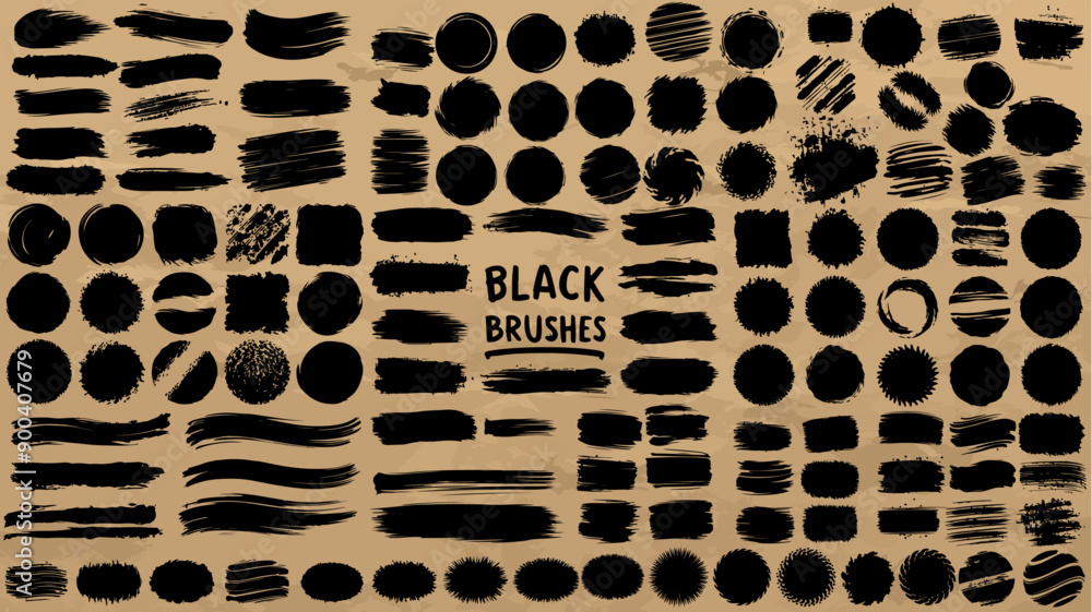 Collection of black paint brushes, ink strokes, lines, grunge style, set.