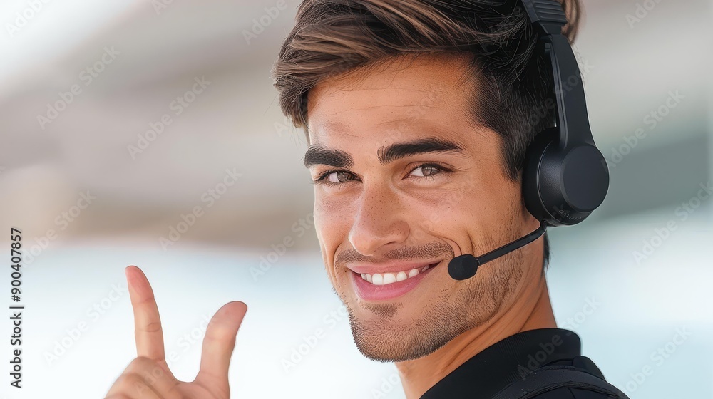 Vibrant call center agent gesturing approval to the camera amid a conversation with a happy client, supported by colleagues. Vibrant call center agent gesturing approval to the camera amid a conversation with a happy client, supported by colleagues.