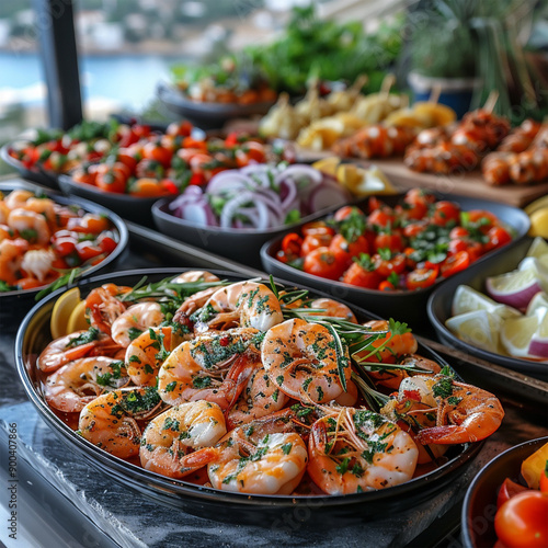 Shrimp, Seafoods, appetizers and salads on the table in Fish Restaurant. Beach Restaurant in Greece or Turkey. Aegean seaside, Greek or Turkish style fish restaurant in Bodrum, Made with generative ai