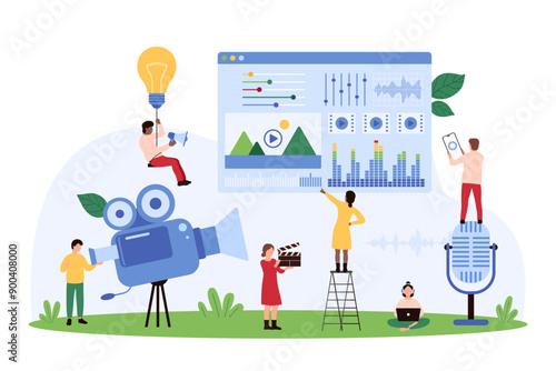 Video editing, film montage using software, mobile app. Tiny people with microphone and professional camera record movie, edit creative animation project with visual tools cartoon vector illustration