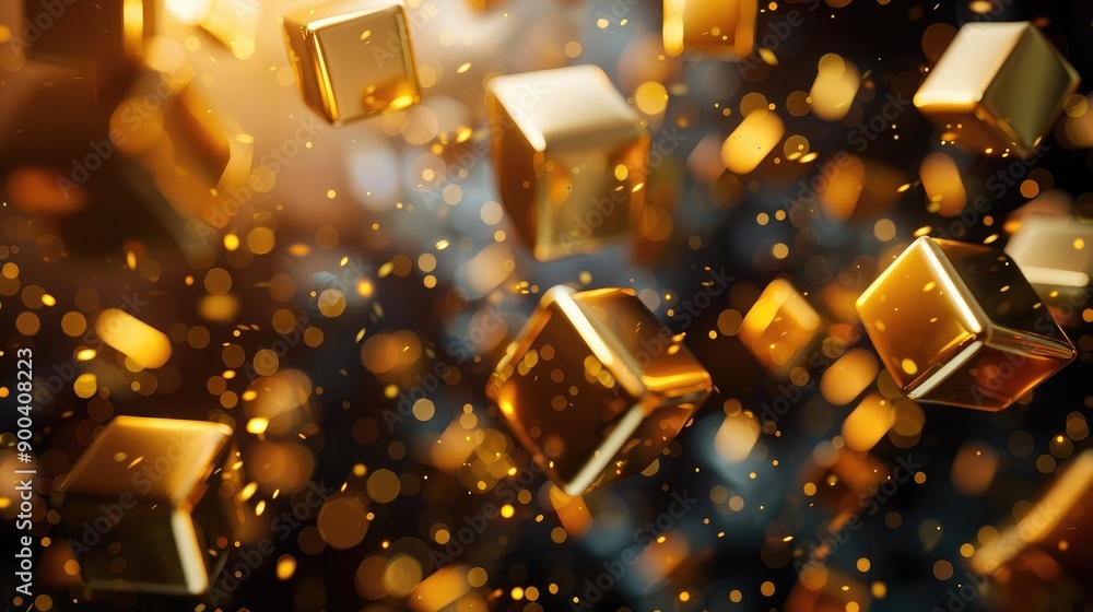 3D golden cubes floating in a virtual space, representing wealth and prosperity. 3D golden cubes floating in a virtual space, representing wealth and prosperity.