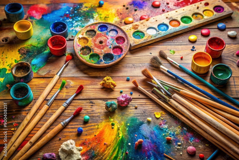 Naklejka premium Colorful paint-splattered wooden table holds a vibrant paint pallet, scattered paintbrushes, and a half-finished artwork, evoking a sense of childlike creativity and imagination.