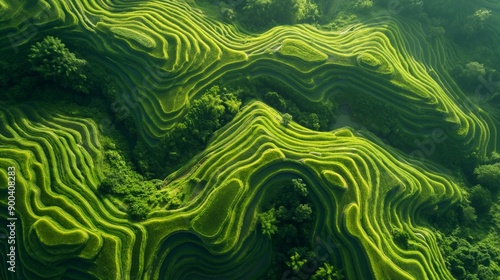 Aerial View of Lush Green Terraced Rice Fields in a Serene Mountainous Landscape