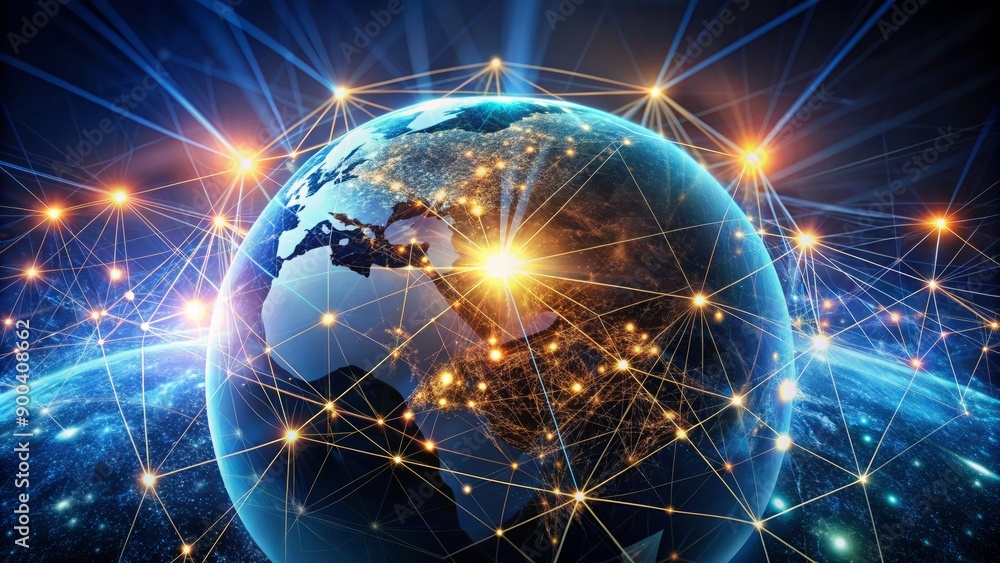 Fototapeta premium Global business globe surrounded by sparkling digital nodes and glowing network lines, symbolizing innovative marketing strategies and creative solutions in business development technology.