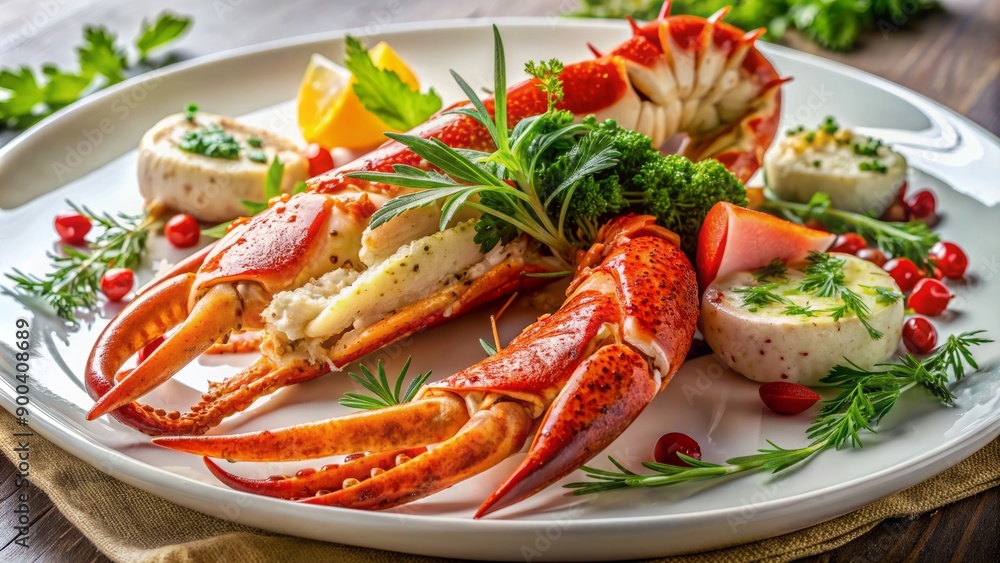 Exquisite gourmet dish featuring a massive lobster claw and king crab leg, artfully arranged on a pristine white plate with fresh herbs and garnishes. Exquisite gourmet dish featuring a massive lobster claw and king crab leg, artfully arranged on a pristine white plate with fresh herbs and garnishes.