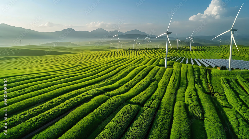 Fototapeta premium Aerial view of lush green fields with wind turbines, showcasing renewable energy and sustainable agriculture in harmony with nature.