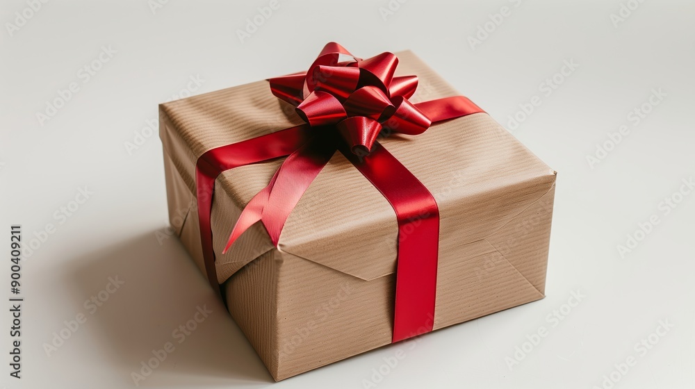 A beautifully wrapped gift box with a red ribbon and bow A beautifully wrapped gift box with a red ribbon and bow