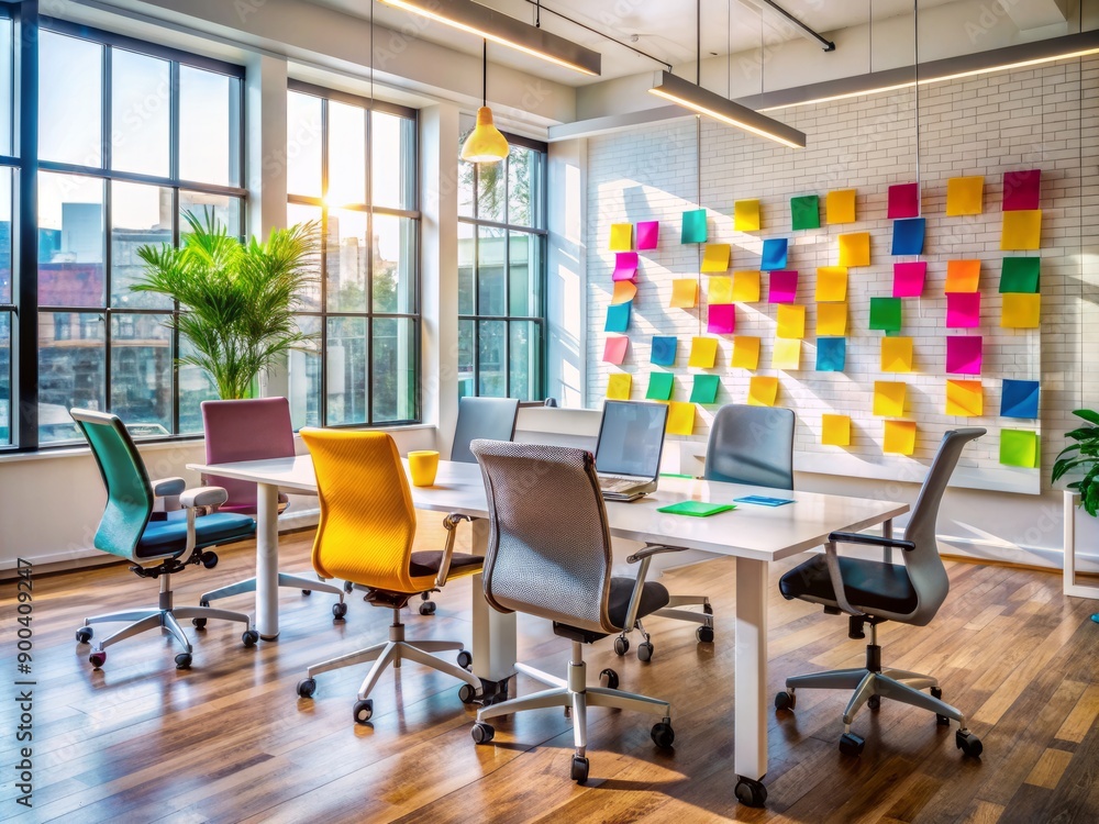 Vibrant office setup with empty chairs, colorful sticky notes, and whiteboard filled with ideas, awaiting innovative team to bring creative vision to life. Vibrant office setup with empty chairs, colorful sticky notes, and whiteboard filled with ideas, awaiting innovative team to bring creative vision to life.