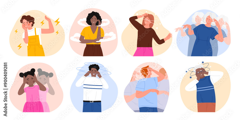Dizzy people set. Sad woman and man feeling vertigo and headache, sick young and old characters with lightheadedness and stress, sign of star and cloud movement above head cartoon vector illustration Dizzy people set. Sad woman and man feeling vertigo and headache, sick young and old characters with lightheadedness and stress, sign of star and cloud movement above head cartoon vector illustration