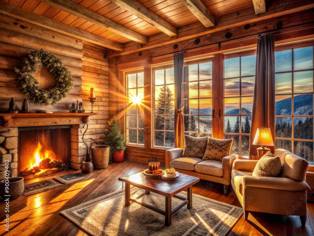 Warm golden sunlight pours through the window, illuminating the cozy wooden cottage interior, highlighting plush furnishings, rustic accents, and a crackling fireplace on a winter morning. Warm golden sunlight pours through the window, illuminating the cozy wooden cottage interior, highlighting plush furnishings, rustic accents, and a crackling fireplace on a winter morning.