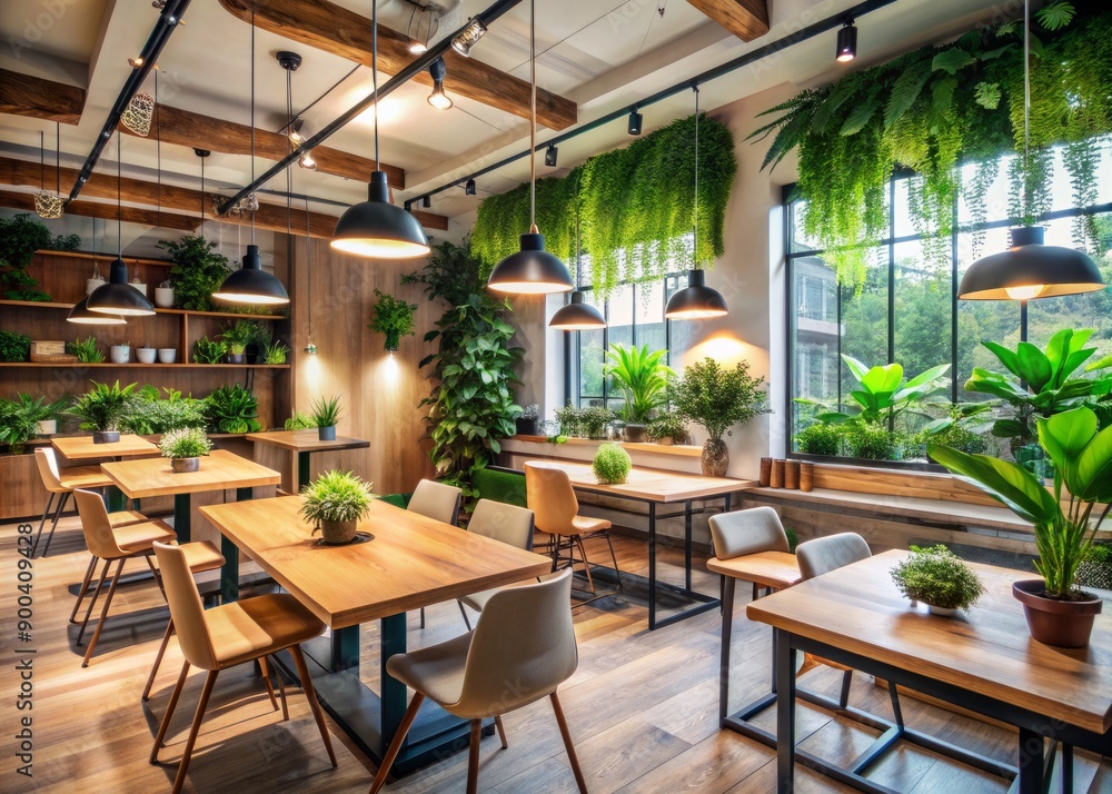 Modern cafe turned coworking space with lush green plants, sleek wooden tables, and ambient lighting, ideal for focused work or entrepreneurial endeavors. Modern cafe turned coworking space with lush green plants, sleek wooden tables, and ambient lighting, ideal for focused work or entrepreneurial endeavors.