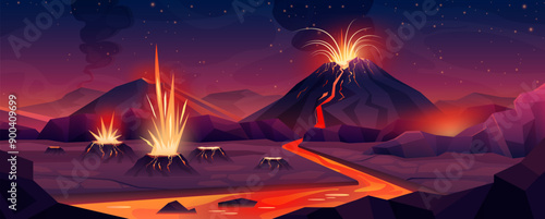 Volcano eruption on alien planet. Crazy red and golden streams of hot lava and magma erupt from craters of volcano, fantasy river of fire flowing over rocky surface cartoon vector illustration