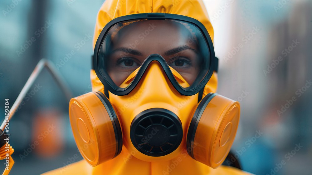 A person wearing a yellow safety suit and protective mask, prepared for hazardous environments, showcasing safety and protection. A person wearing a yellow safety suit and protective mask, prepared for hazardous environments, showcasing safety and protection.