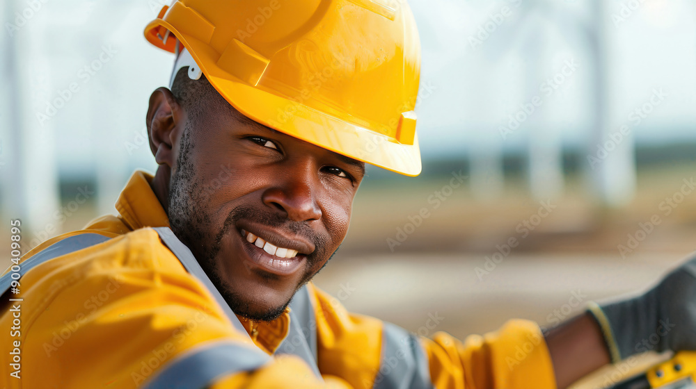 A smiling male worker in a yellow hard hat and safety gear, showcasing professionalism and dedication at a construction site. A smiling male worker in a yellow hard hat and safety gear, showcasing professionalism and dedication at a construction site.