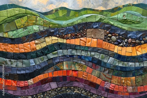 A close-up view of a mosaic artwork depicting a landscape with hills and rocks photo